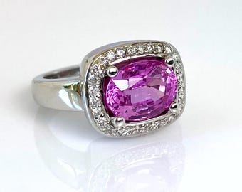 Pink Sapphire 3.49 cts TGL Certified and Diamond Halo Ring in 14K White Gold