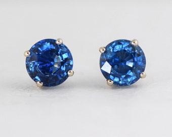 Sapphire 6.5 mm 14K Solid White Gold Stud Earrings 2.80 Carats total Weight