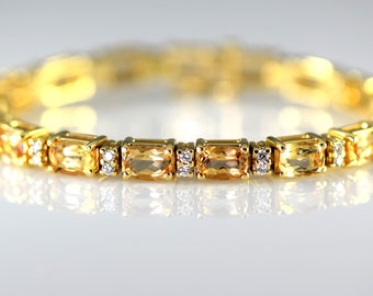 Imperial Precious Topaz and Diamond Tennis Line Bracelet 14k Yellow Solid Gold