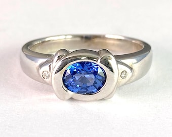 Sapphire and Diamond 18k White Solid Gold Bezel Set Ring