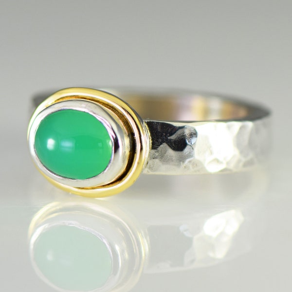 Chrysoprase Hand Forged Ring in Sterling Silver and 18k Yellow Solid Gold