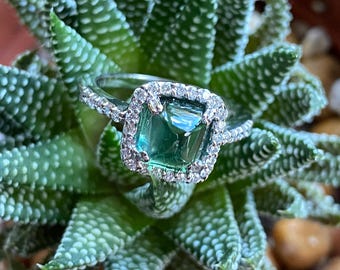 Blue Tourmaline Sugarloaf Cabochon and Diamond Halo 14K White Gold Ring