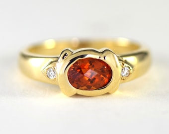 Spessartite Tangerine Garnet Checkerboard Cut and Diamond 14k Yellow Solid Gold Ring