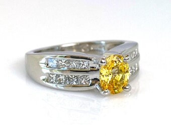 Yellow Canary Sapphire With Princess Cut Diamonds Platinum Ring