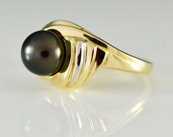 Tahitian Black Pearl Ring in 14k Yellow and White Solid Gold