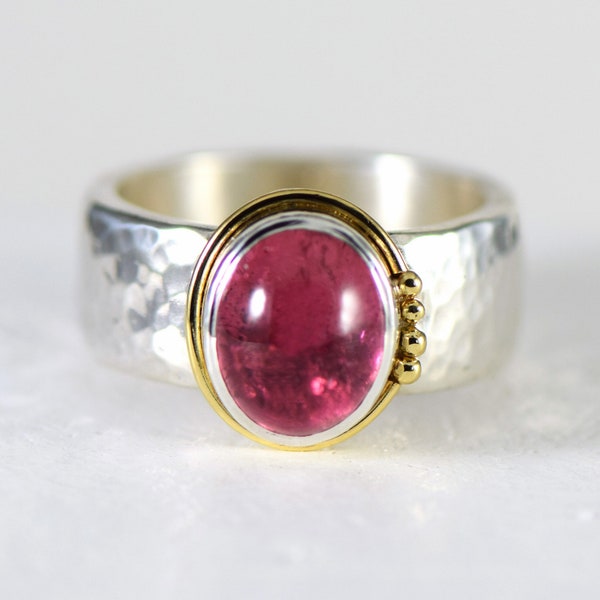 Pink Tourmaline Sterling Silver and 18k Yellow Gold Hand Forged Ring