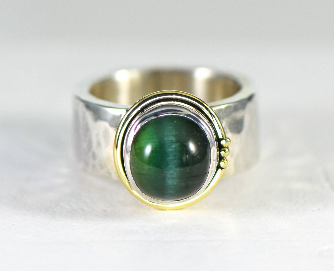 Cat's Eye Green Tourmaline Sterling Silver and 18k Yellow Gold Hand