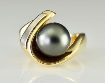 Tahitian Black Pearl 10.8 mm 14k Yellow and White Solid Gold Ring