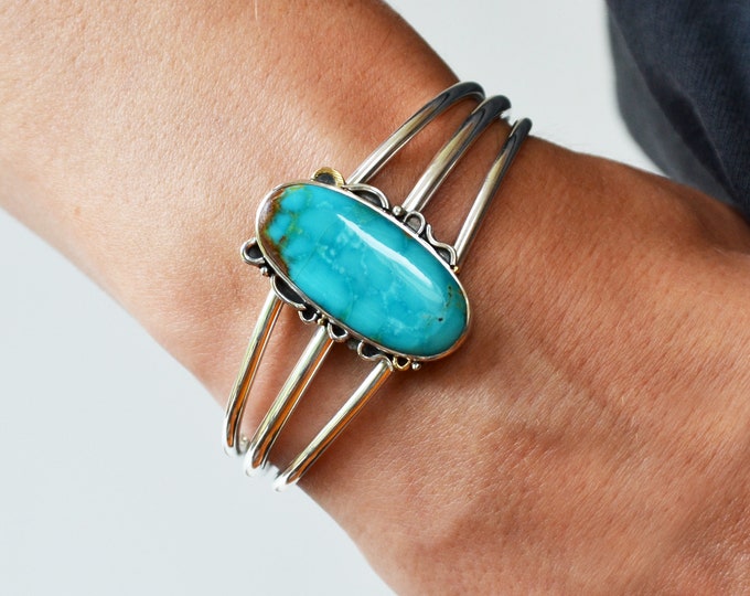 Kingman Turquoise Hand Crafted Sterling Silver and 18K Yellow Gold Cuff Bracelet