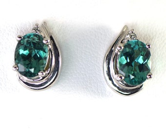 Blue Indicolite Tourmaline and Diamond Stud Earrings in 14k White Solid Gold