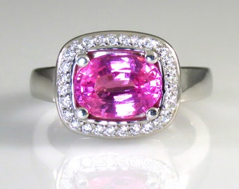 Pink Sapphire TGL Certified and Diamond Halo Ring in 14K White Gold