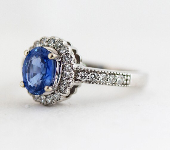 Sapphire And Diamond Halo Ring in 14k White Solid Gold