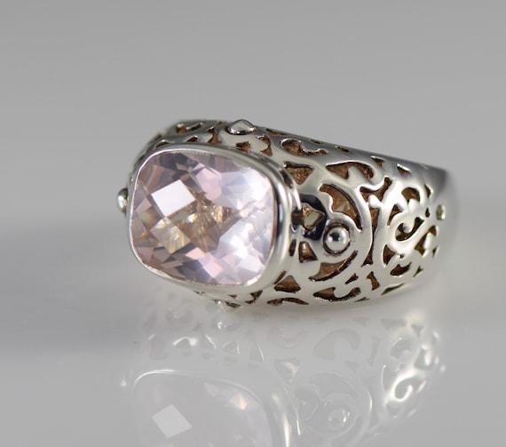 Rose Quartz Faceted Checkerboard Cut in a Sterling Silver Ring
