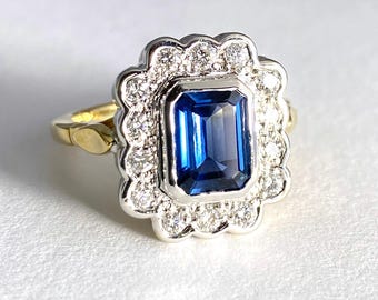 Emerald Cut Blue Sapphire Ring: Diamond Halo, 14k Gold Bezel Setting