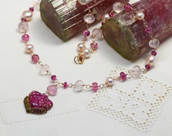 14K Rose Gold Necklace, Watermelon Tourmaline, Pink Tourmaline, Rose Quartz, Pearl