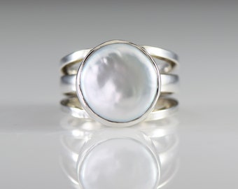 Freshwater Coin Pearl Sterling Silver Hand Crafted Ring