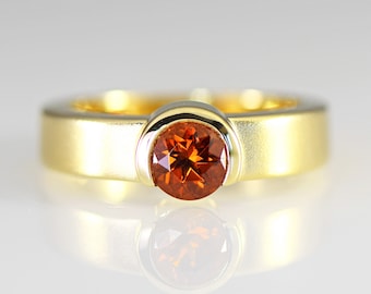 Spessartite Mandarine Garnet 14k Yellow Solid Gold Band With a Brushed Finish