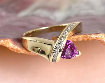 Pink Sapphire and Diamond 14K Yellow Solid Gold Ring