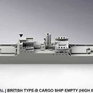 Op de afbeelding: Een grijs 3D-model van een Brits vrachtschip van het type B, leeg en hoog in het water. Het schip heeft een lang, open laadruim, een centrale schoorsteen en gedetailleerde dekstructuren. De tekst "WTJ NAVAL | BRITISH TYPE-B CARGO SHIP EMPTY (HIGH IN THE WATER) | CAD GRAPHIC" staat onderaan.