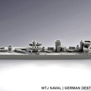 May include: A gray model of a German Destroyer B97, a naval warship, with detailed structures including turrets, smokestacks, and weaponry. The image includes the text "WTJ NAVAL | GERMAN DESTROYER B97 | CAD GRAPHIC".