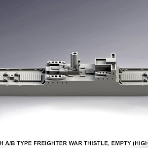 Op de afbeelding: Een grijze CAD-afbeelding van een Brits A/B type vrachtoorlogsschip, de Thistle, leeg en hoog in het water. Het schip heeft een lange, rechthoekige romp met gedetailleerde structuren en een centrale schoorsteen. De tekst "WTJ NAVAL" is zichtbaar.