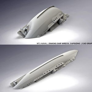 May include: A CAD graphic of a sinking ship wreck, capsizing. The image shows two views of the ship, one from the side and one from an angled perspective. The ship is a light gray color and has detailed features.