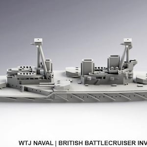 May include: A light grey CAD graphic of the British battlecruiser Invincible from 1915. The model shows detailed structures such as turrets, masts, and deck features. The ship's hull is visible, with a streamlined design. The text reads: WTJ NAVAL.