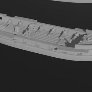Pode incluir: Um modelo cinza detalhado de um navio, mostrando o convés, as cabines e vários elementos estruturais. O design do navio inclui vários níveis e detalhes intrincados, sugerindo um tema histórico ou de fantasia. O modelo está em um fundo escuro.