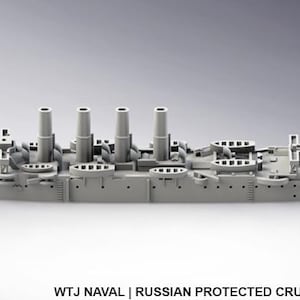 May include: A gray CAD graphic of the Russian Protected Cruiser Variag. The model ship has four smokestacks and multiple gun turrets. The ship is set against a gray background. Text at the bottom reads: WTJ NAVAL | RUSSIAN PROTECTED CRUISER VARIAG | CAD GRAPHIC.