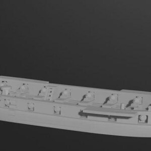 May include: A light gray model of a ship with detailed deck features, including multiple openings and structures. The ship's design suggests a historical vessel, possibly a sailing ship or similar type. The model is set against a dark background.