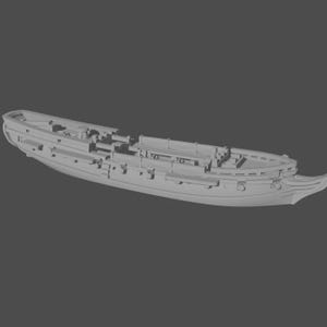 May include: A gray, three-dimensional model of a ship. The ship has a long, narrow hull with detailed deck features, including railings and structures. The bow curves gracefully, and the stern has a decorative element.