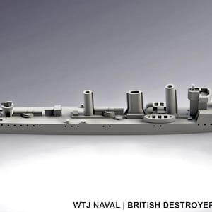 Puede incluir: Gráfico CAD gris de un buque de guerra británico Destroyer Paragon. El modelo muestra la estructura del barco, incluyendo el casco, las chimeneas y los detalles de la cubierta. La imagen está sobre un fondo gris degradado.