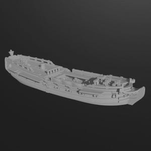 May include: A 3D-rendered model of a ship, featuring detailed decks, masts, and hull. The ship is rendered in a neutral gray color, with visible structural elements. The design suggests a historical or fantasy theme.