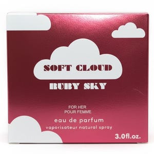 May include: A ruby red box with white cloud designs and text. The text reads "SOFT CLOUD RUBY SKY" and "FOR HER POUR FEMME eau de parfum vaporisateur natural spray 3.0 fl. oz."