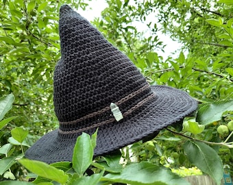 Black Cottage Witch Hat, Witch Hat, Cottagecore, Witch Core, Crochet Witch Hat, Crystal Witch Hat, Cottage Witch Hat