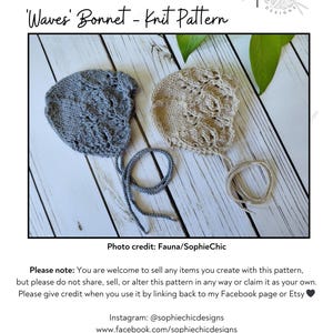 May include: Two knitted baby bonnets in the image. One is gray, the other is beige. The bonnets have a wave pattern and ties. The text on the image says "Waves' Bonnet - Knit Pattern" and "Sophie Chic Designs".
