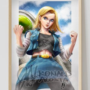 May include: A framed print featuring a female anime character with blonde hair and blue eyes, wearing a denim vest and skirt. The artwork includes the text "ART OF RONALD ACOSTA" and is set against a blue sky background.