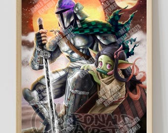 Demon Slayer X The Mandalorian Art Mashup! Premium Satin Original Art Print Poster Star Wars Nezuko Kamado Grogu Tanjiro Din Djarin