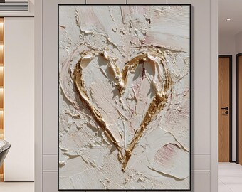 Textured Golden Heart Oil Painting, Abstract Creamy Love Wall Art, Thick Impasto Romantic On Canvas, Minimalist Neutral Palette Home Decor