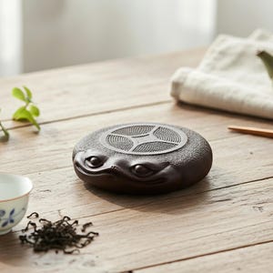 May include: A dark brown ceramic tea tray with a decorative design and a frog-like face. The tray is round and sits on a wooden surface. A small teacup and loose tea leaves are in the foreground.