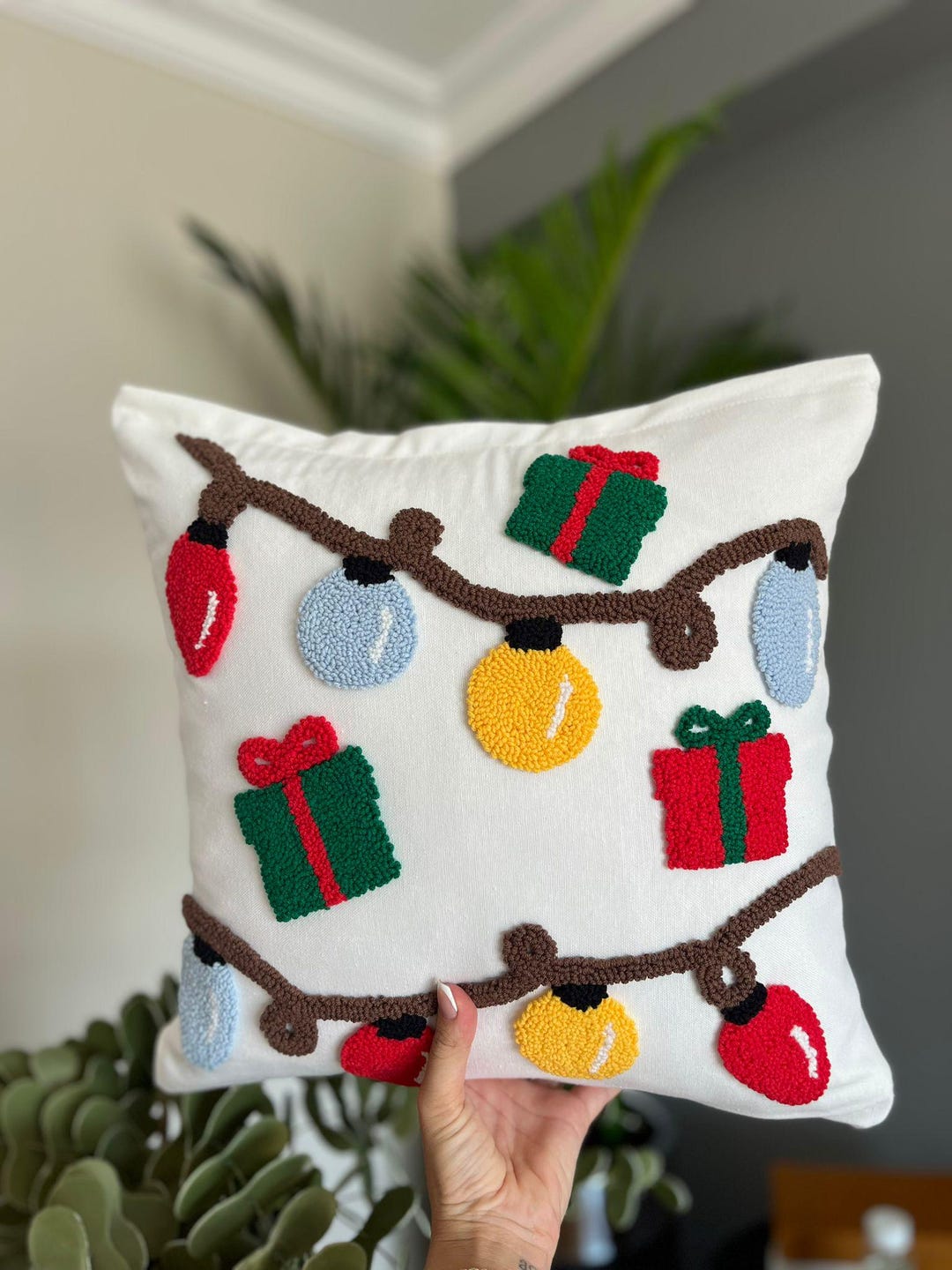 Punch Needle Christmas Pillow Cover: Handmade Holiday Lights & Gift ...