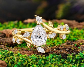 Pear Shaped Lab Diamond Ring, Vintage Leaf Twig Engagement Ring, Yellow Gold Wedding Jewelry