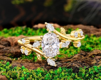 Oval Cut Lab-grown Diamond Engagement Ring, Vintage Leaf Twig Ring, Yellow Gold Bypass Jewelry