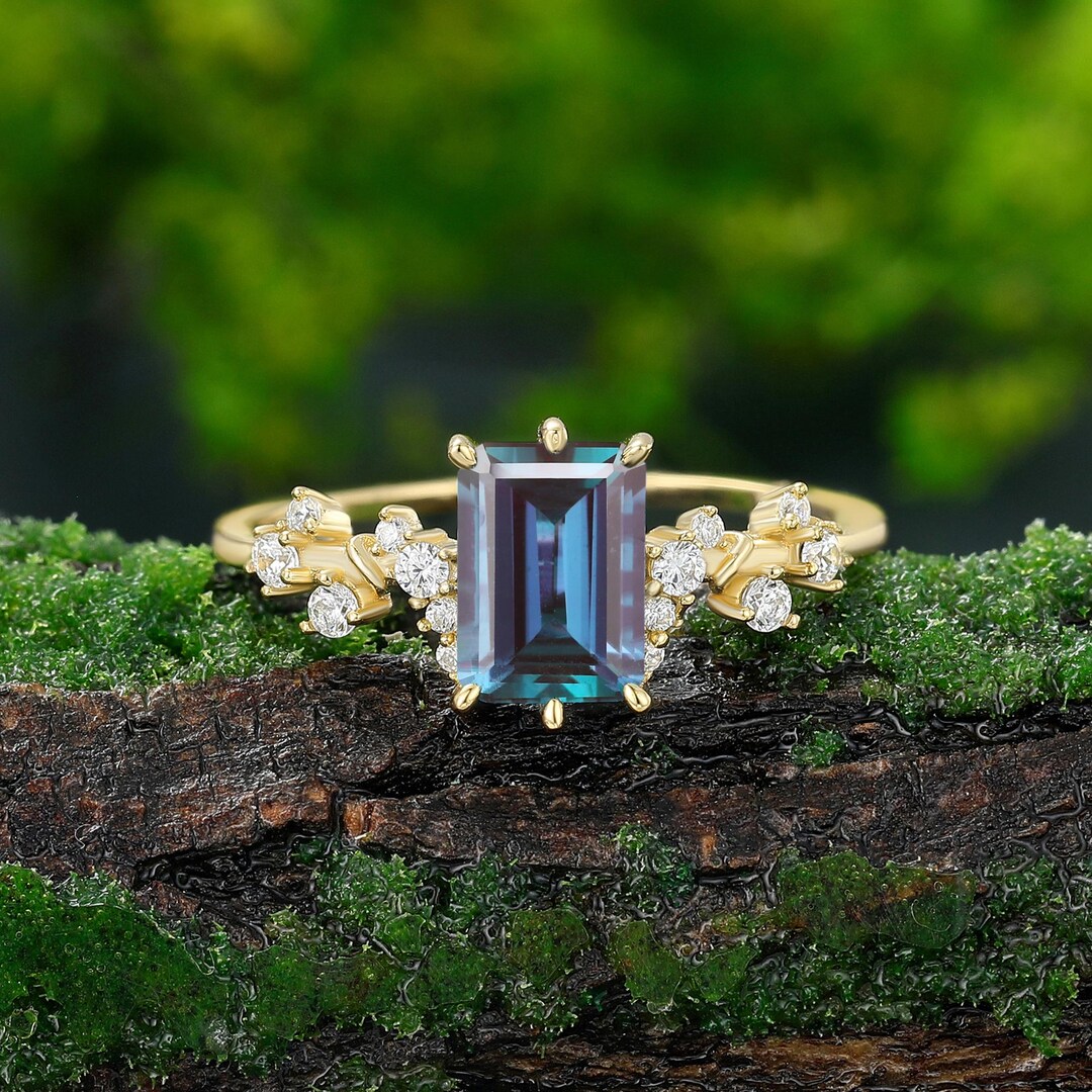 Emerald Cut Lab Alexandrite Ring, Vintage Yellow Gold Engagement Ring ...