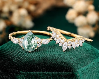 Pear Moss Agate Bridal Set, Twisted Gold Engagement Ring, Diamond Cluster Halo Wedding Band