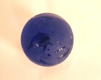 Vintage Cobalt Blue Art Glass Sphere Paperweight with Ocean Scene