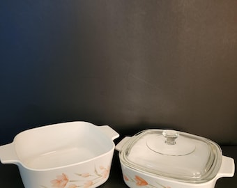 Vintage Peach Floral Corning Ware 1 Liter and 1.5 liter Casserole Dishes