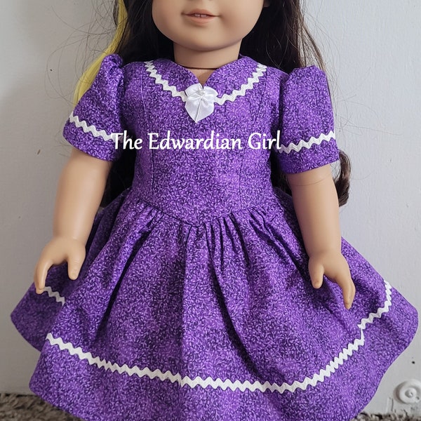 OOAK 1940s purple and vintage ric-rac and bow. For 18 inch play dolls such as American Girl, Springfield, Our Generation. Made in USA