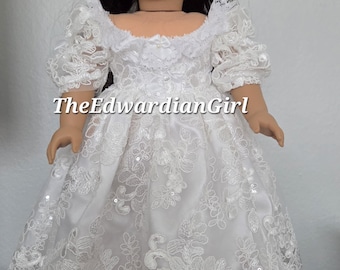 Imperfect 1830's heirloom Bridal dress based on Queen Victoria's wedding dress.  For 18 inch play dolls. Made in USA