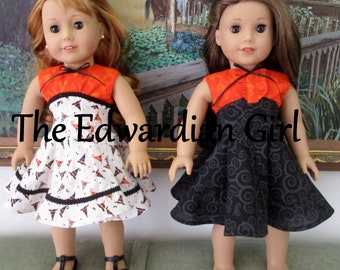 OOAK 1950s Halloween day dress orange and black swirls witch hat. For 18 inch play dolls such as American Girl, Springfield, Our Generation